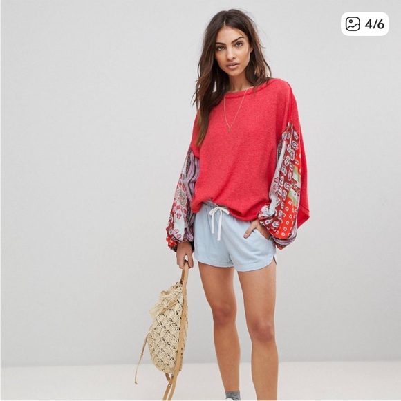 Free People Red Thermal Top with Paisley Sleeves - Picture 2 of 7